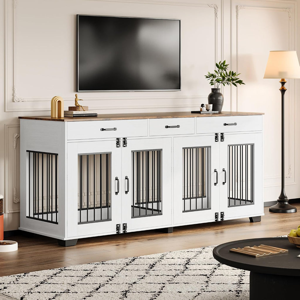 Large Dog Crate Furniture for 2 Dogs with 3 Drawers, Heavy Duty Double Indoor Dog Kennel and TV Stand