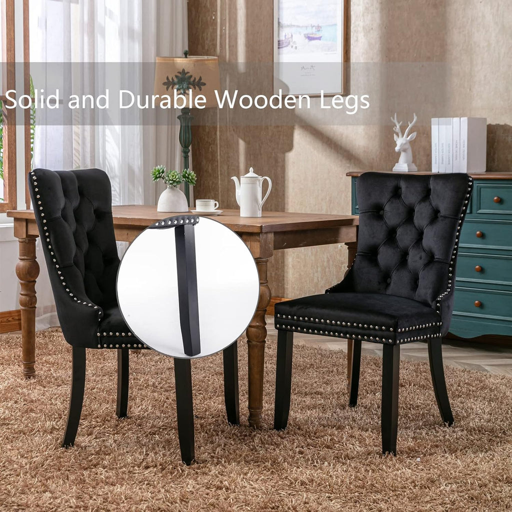 Black Velvet Dining Chairs Set of 4, Upholstered Dining Room Chairs with Back Ring Pull Trim and Solid Wood Legs