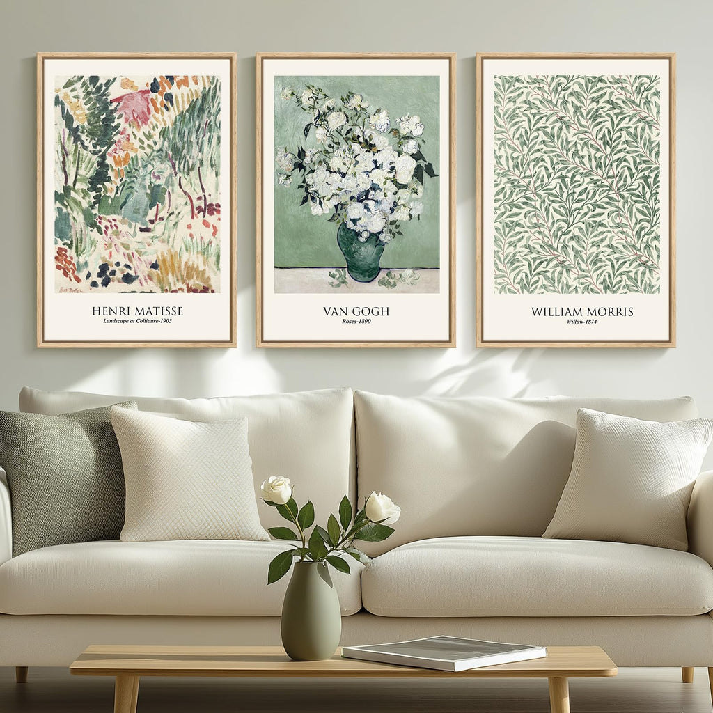 Framed Van Gogh Sage Green Botanical Canvas Wall Art Set of 3, 16x24 In