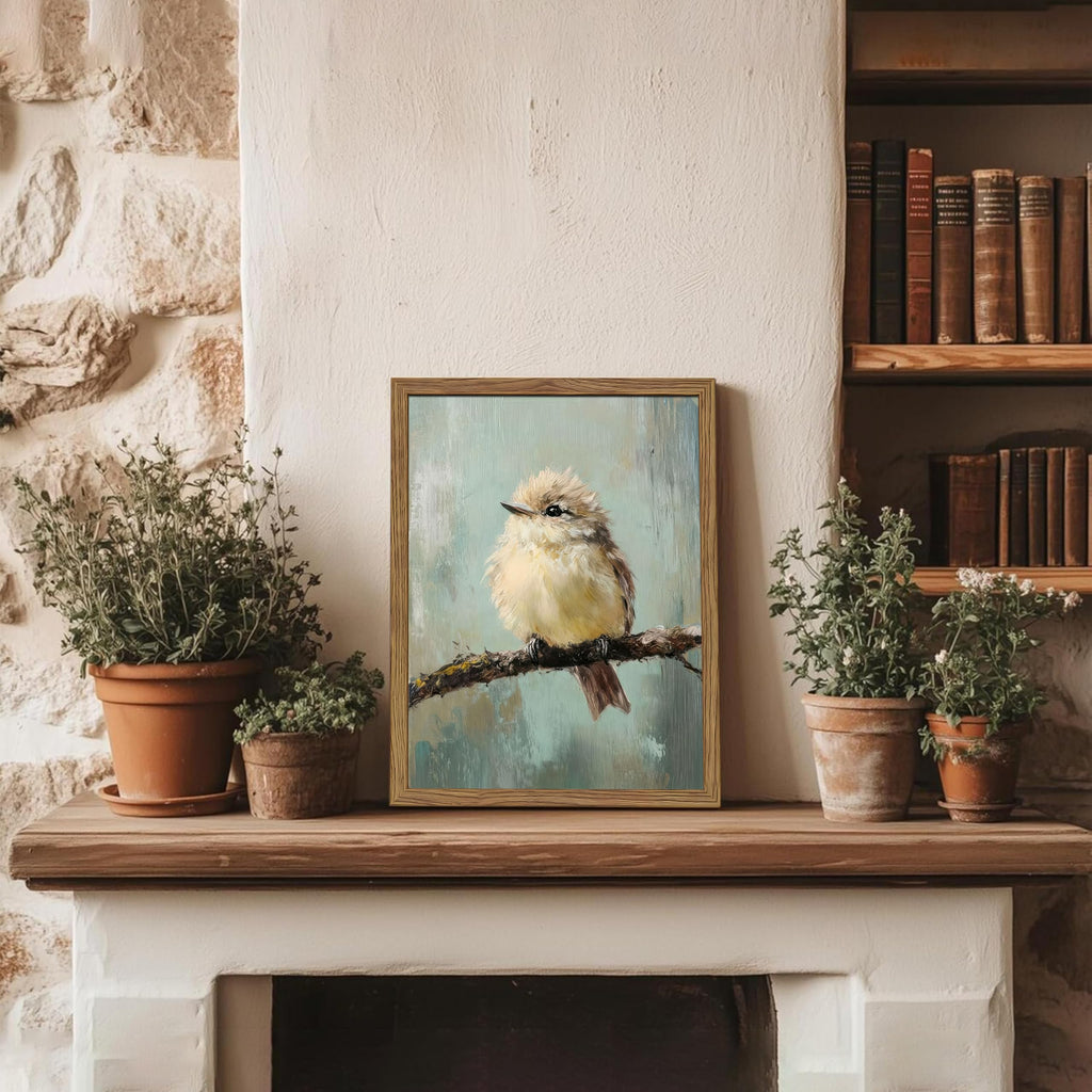 Vintage Framed Bird Wall Art, Rustic Sparrow on Branch Canvas Wall Decor Painting, Cute Bird Animal Artwork Poster