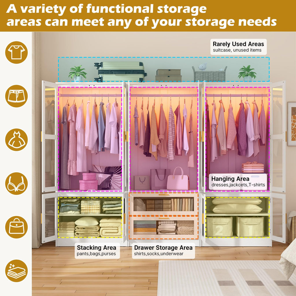 6 Doors Armoire Wardrobe Closet with LED and Mirror, 71" H Freestanding Wooden Wardrobe Closet Cabinet w 2