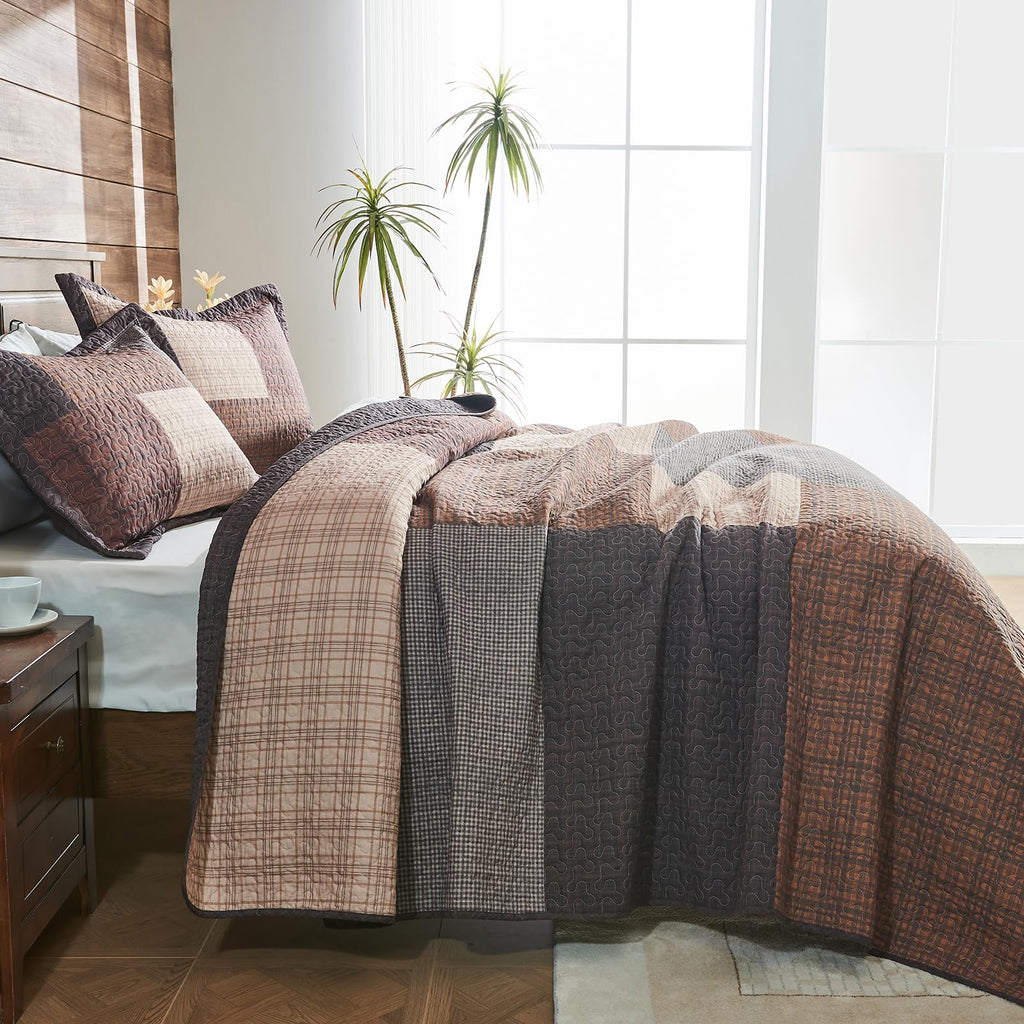 100% Cotton Quilt Set, Farmhouse Plaid Quilted Bedspread, Brown Lightweight Reversible Comforter Bedding
