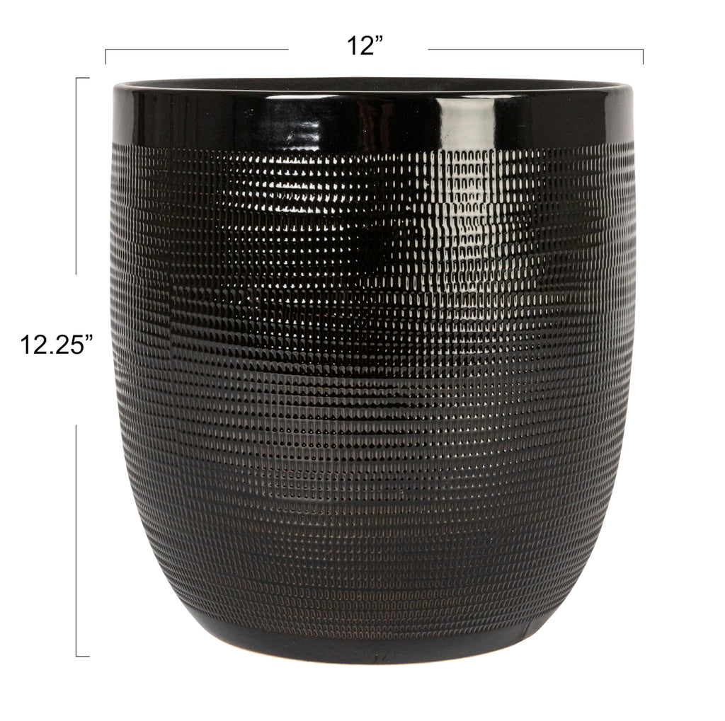 Embossed Textured Stoneware Planter, Matte Black