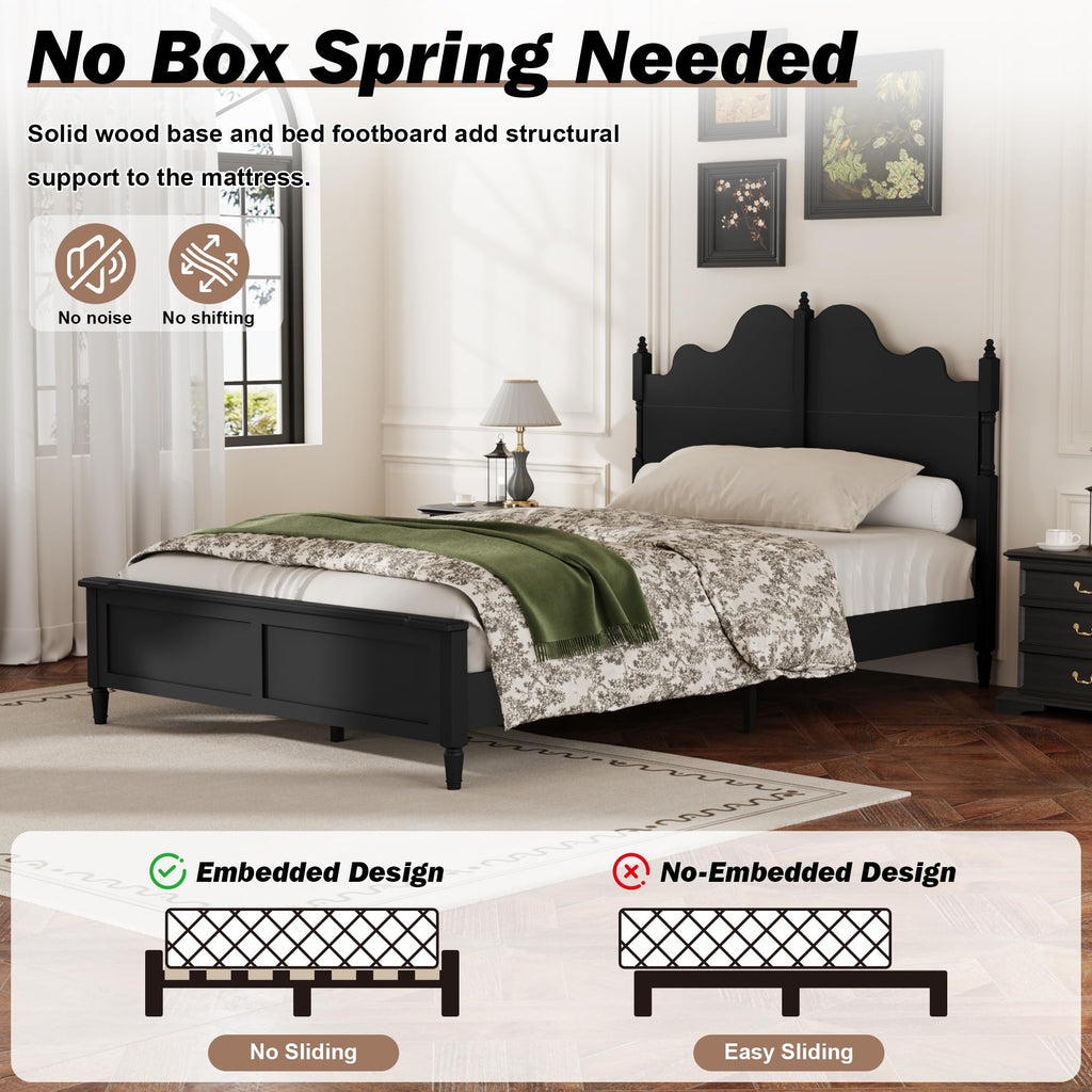 Vintage Bed Frame with Curved Headboard, Black Wood Platform Bed