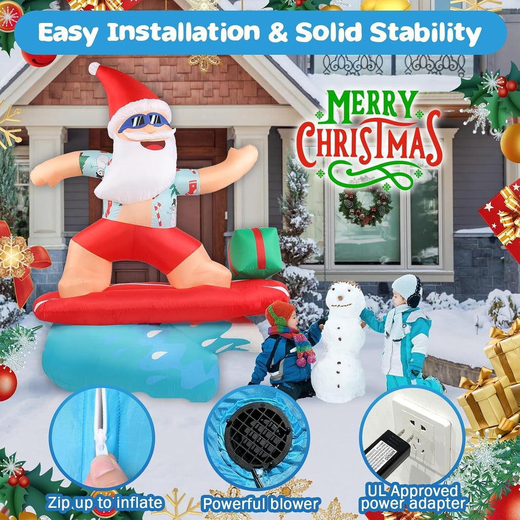 Christmas Inflatable Santa Claus Decorations Outdoor 6.5FT Hawaiian Surfing Giant Large Tall Funny Blow up Xmas Yard