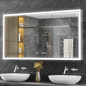 54x30 Lighted Medicine Cabinet with Mirror, Recessed or Surface LED Medicine Cabinet with Outlet&Clock, Adjustable