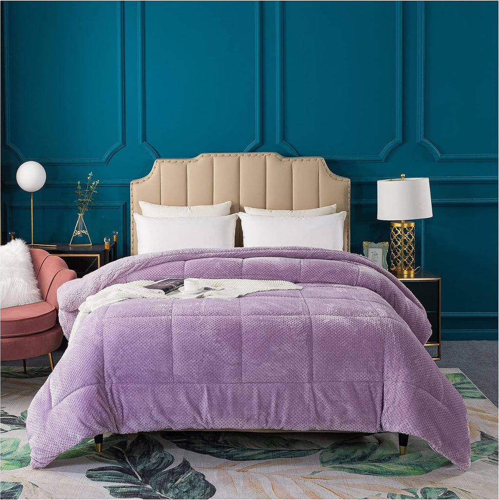 Super Ultra Soft Luxury Plush Sherpa Comforter, Cozy Reversible Faux Fur Machine Washable Bedding, Purple, Queen Size
