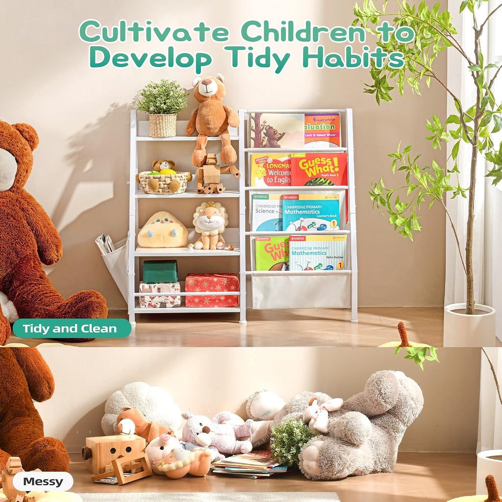 Kids Bookshelf with Extra Pocket, 4 Tier Toddler Bookshelf and Toy Storage Organizer for Kids, Bookcase Nursery Book