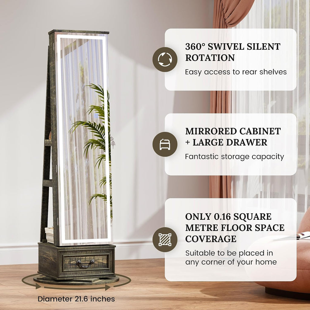 LED Mirror Jewelry Cabinet Standing, 360°Swivel Jewelry Armoire with Full Length Mirror, Mirror with Jewelry Storage