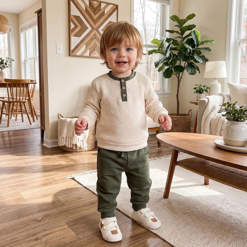 Toddler Boy Fall Winter Clothes Button Crewneck Sweatshirt and Pants Sets