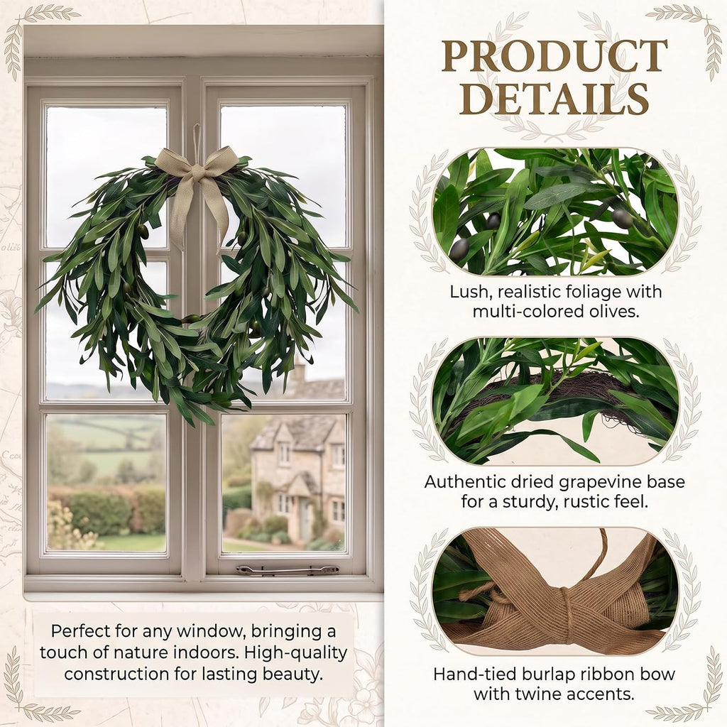 16" Heart Shaped Artificial Olive Leaf & Fruit Wreath - Realistic Green Olive Branches with Spring Floral Accents