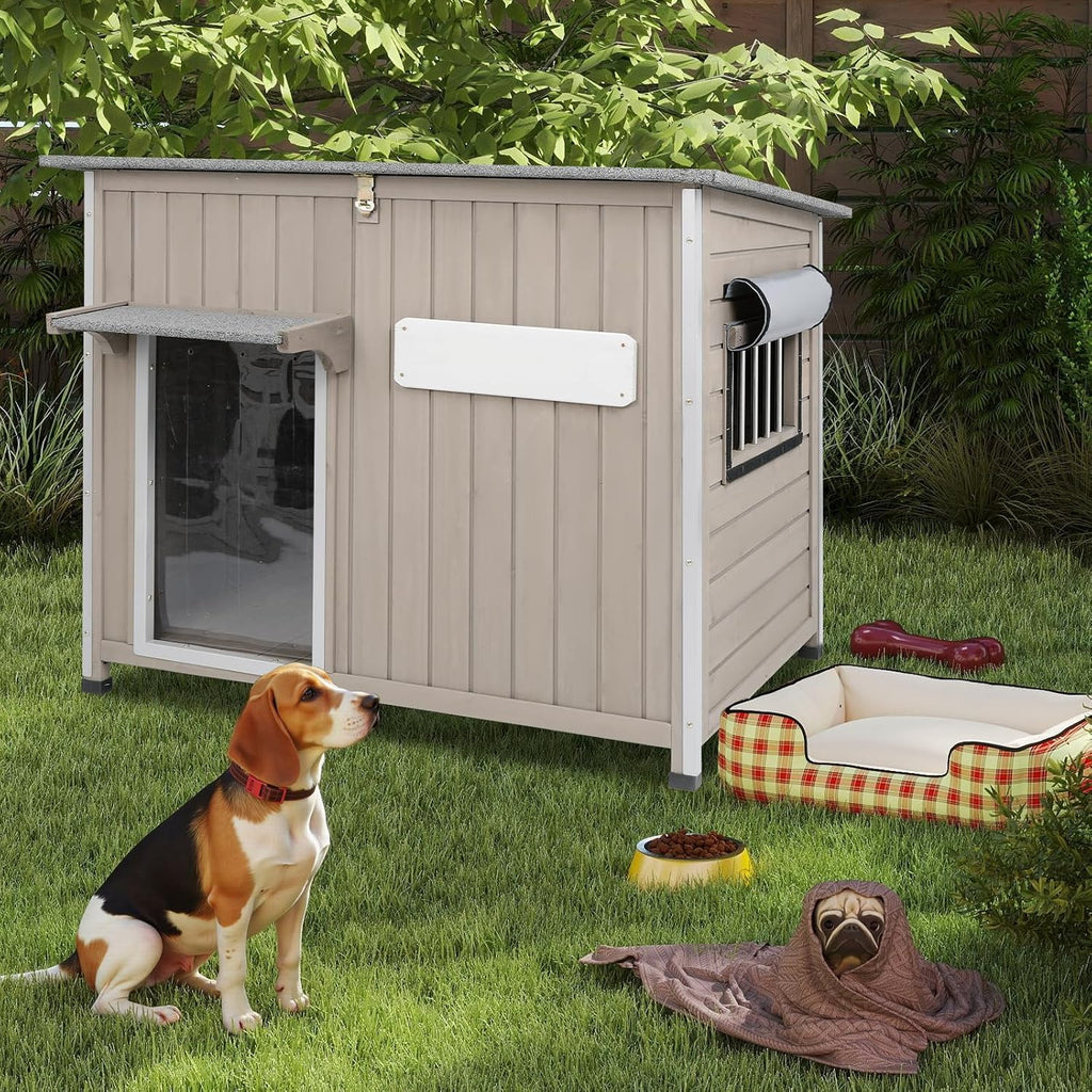 Outdoor Dog House Weatherproof, Wooden Puppy Shelter with Anti-Chewing Iron Frame and Elevated Floor, Sturdy Dog