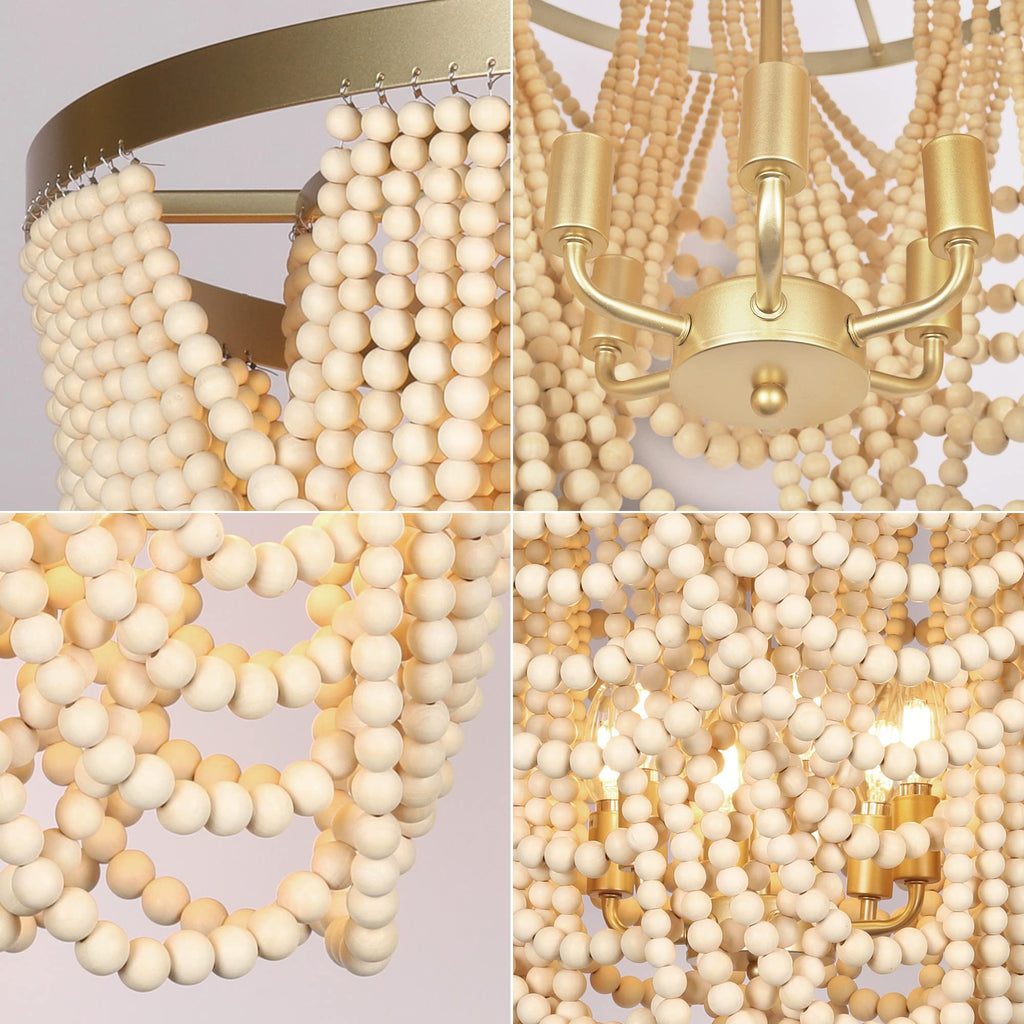 6-Light Bohemia Wood Beaded Chandelier, Coastal Pendant Light, Modern Farmhouse Light Fixtures, Gold and Oak Finish