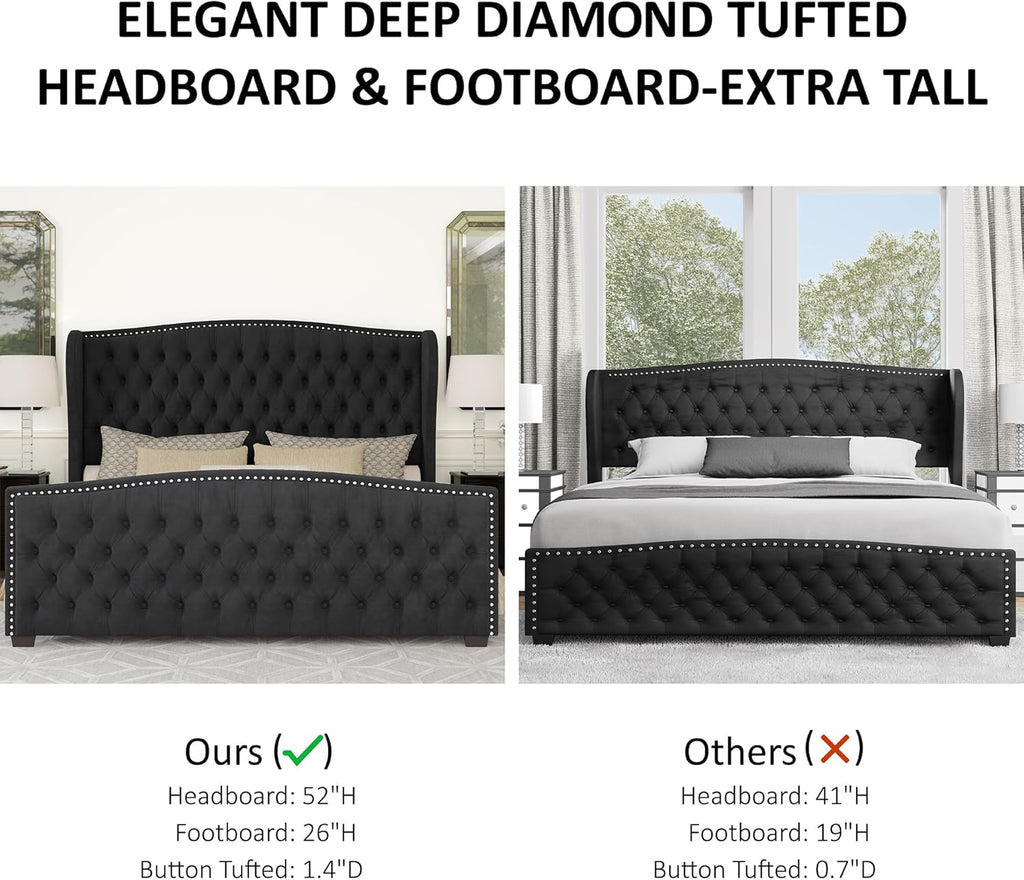 Queen Platform Bed Frame, Velvet Upholstered Bed with Deep Button Tufted & Nailhead Trim Wingback Headboard/No Box