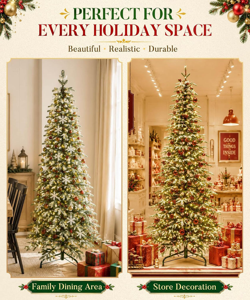Pre-lit Pencil Christmas Tree: Snow Flocked 440 LED Lights