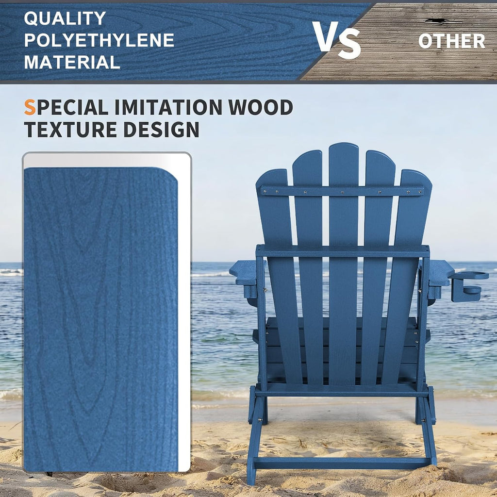 Folding Adirondack Chair Set of 4, Fire Pit Chairs with Cup Holder | Wood-Grain, HDPE All Weather, Quick-Folding, No