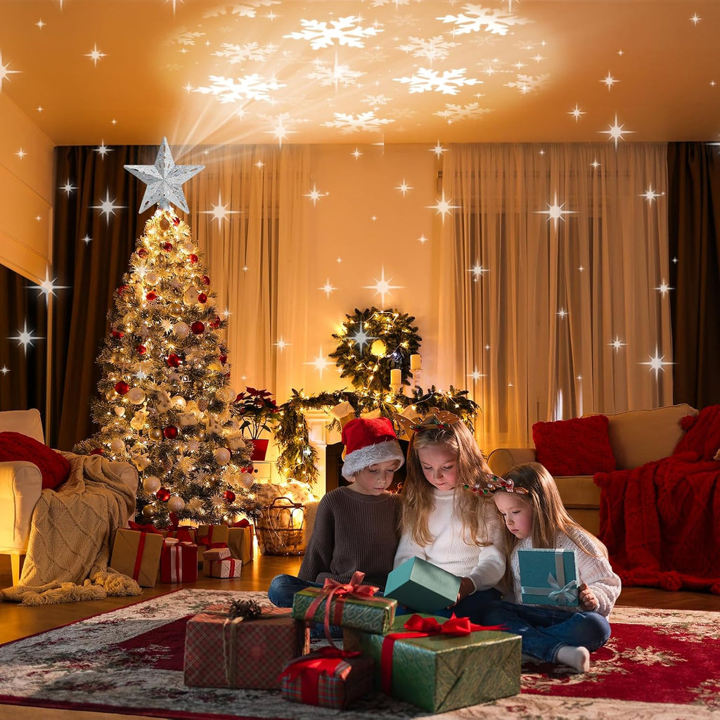 Tree Topper Lighted with 6 Projection Modes,Christmas Star Tree Topper Built-in LED Rotating Projector Lights 3D