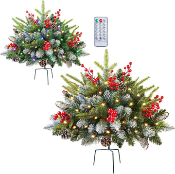 Set of 2 18 Inch Lighted Frosted Outdoor Christmas Tree with Remote &Timer