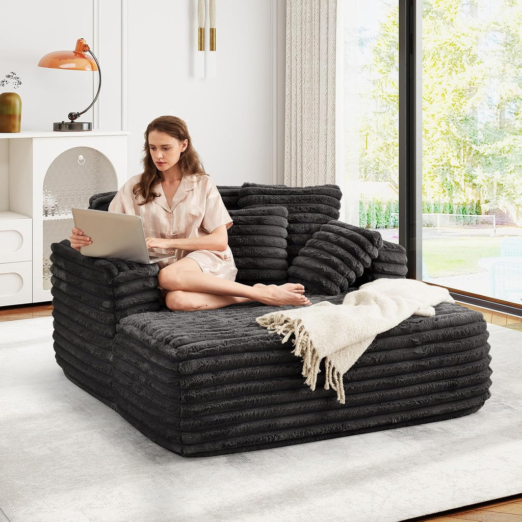 56" Oversized Chaise Lounge Chair Indoor,Plush Faux Fur Sleeper Sofa Couch Bed with Pillows&Wide Armrests,Fluffy