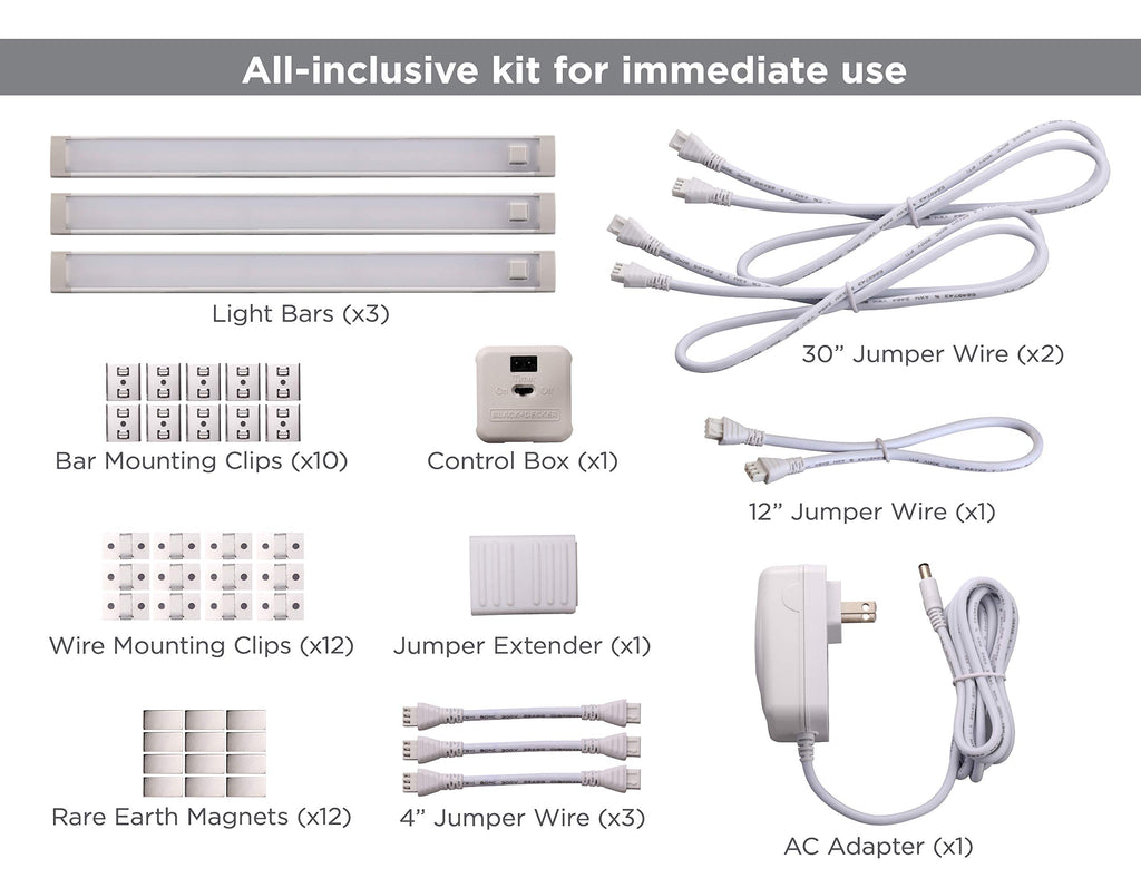 Under Cabinet Lighting Kit, 3-Bars, 12in. Each, DIY Tool-Free Install w/Magnetic Option, Daylight, 5000K, 1290 Lumens
