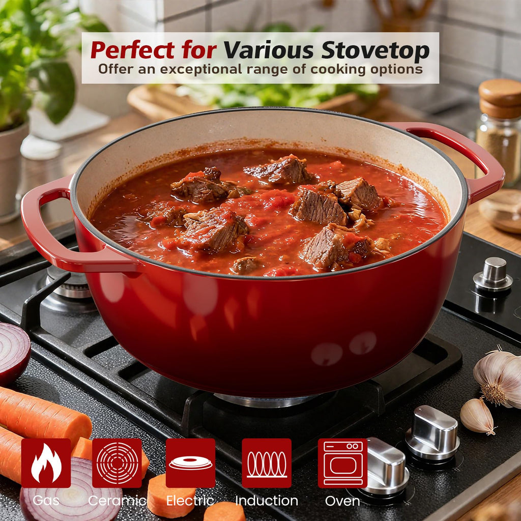 6QT Enameled Cast Iron Dutch Oven with Lid, Versatile Heavy-Duty Cookware Pot for Baking Bread, Braising, Soups &