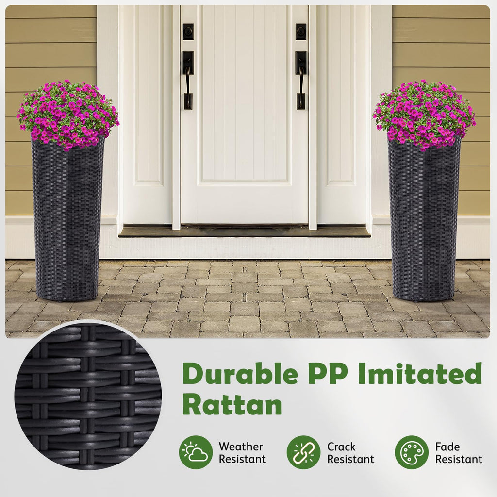 2PCS Rattan Wicker Planters for Outdoor, 24-Inch Tall, Round Black