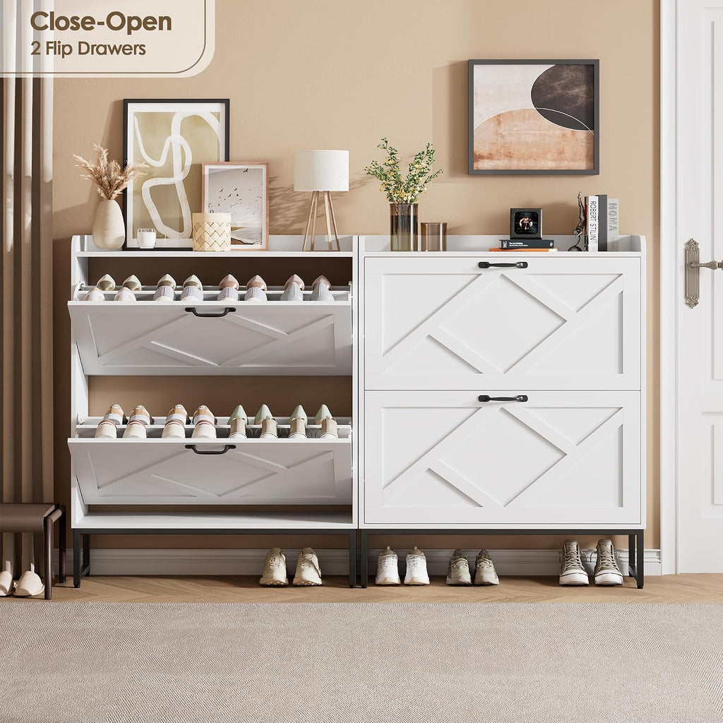 Shoe Cabinet with 2 Flip Drawers, Freestanding Shoe Organizer, Shoe Cabinet with Metal Legs, Narrow Shoe Rack Cabinet