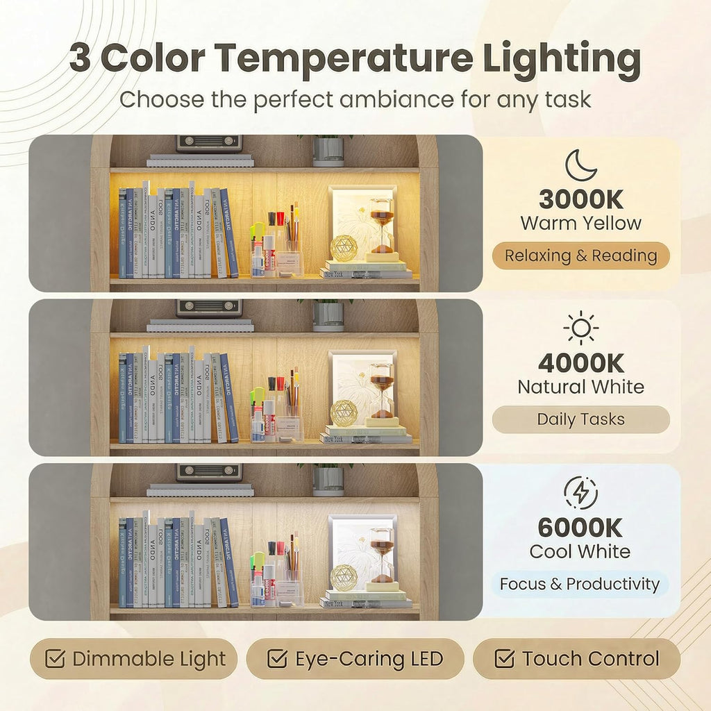 Arched Desk, Computer Desk with 2 Drawers & Hutch, Wood Writing Desk with Power Outlets, 3 Color LED Lights