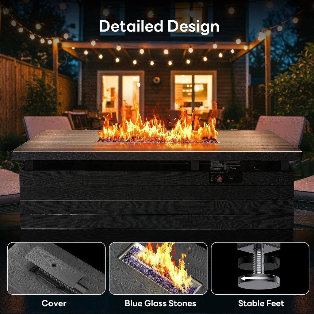 51" Outdoor Propane Fire Pit Table, 50000 BTU 4-in-1 Gas Fire Pits | Blue Glass Stones, Steel Tabletop, Adjustable