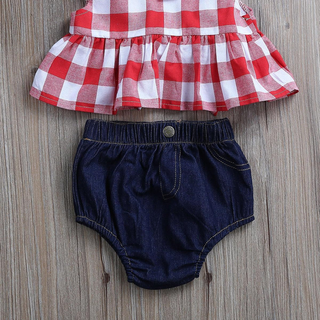 Baby Girl Ruffles Plaid Tunic Tops + Denim Bloomers + Headband 3PCS Sets