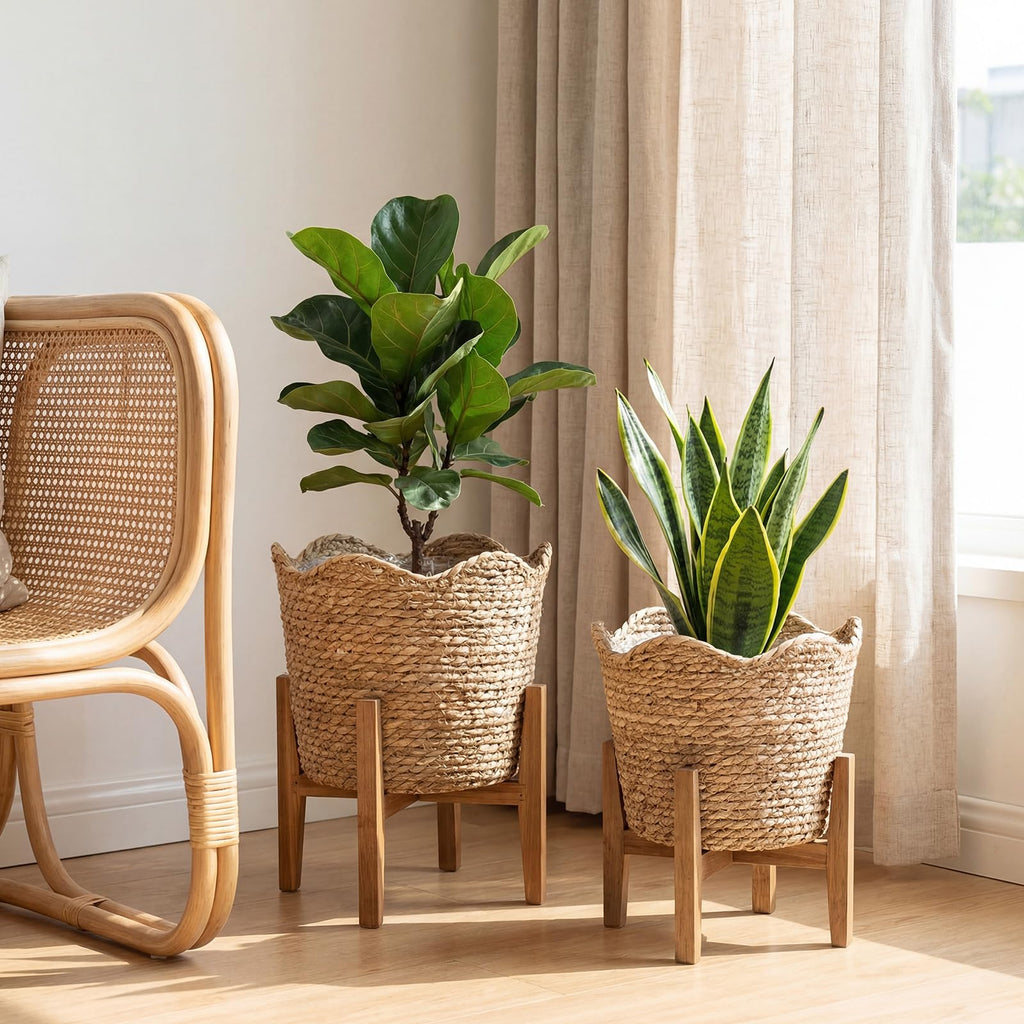 4 Pcs Large Seagrass Planter Basket with Plastic Lining Wicker Planter Basket Weaved Baskets for Plants Laundry