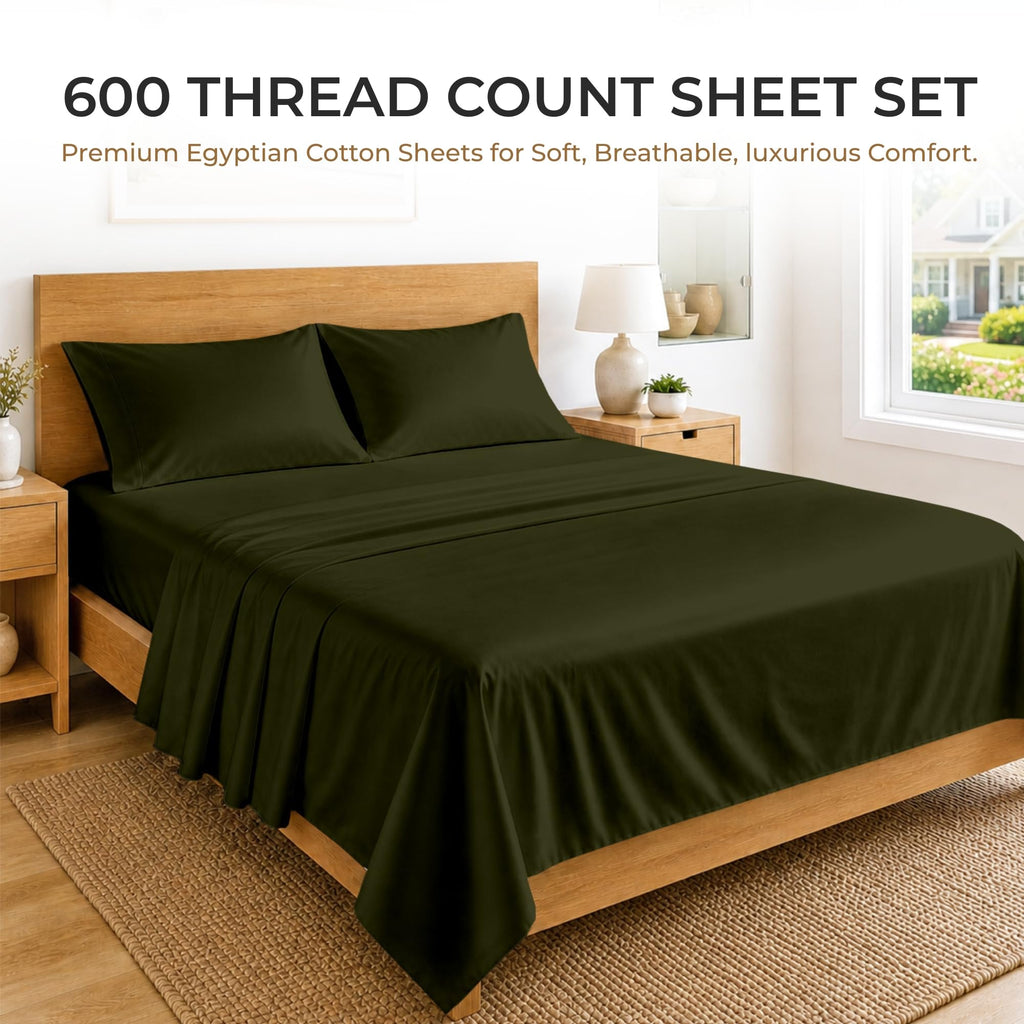 Queen Sheet Set - 100% Egyptian Cotton Sheets for Queen Size Bed, 600 Thread Count Sateen Weave, Cooling &