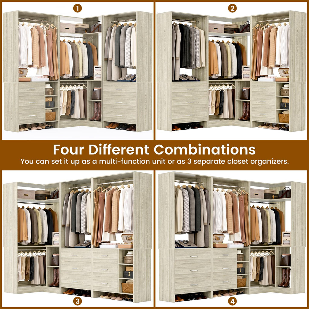 Closet System with 6 Drawers, 4 Hanging Rods & Corner Tower, Corner Closet System with Hanging, 84.6" L-Shaped