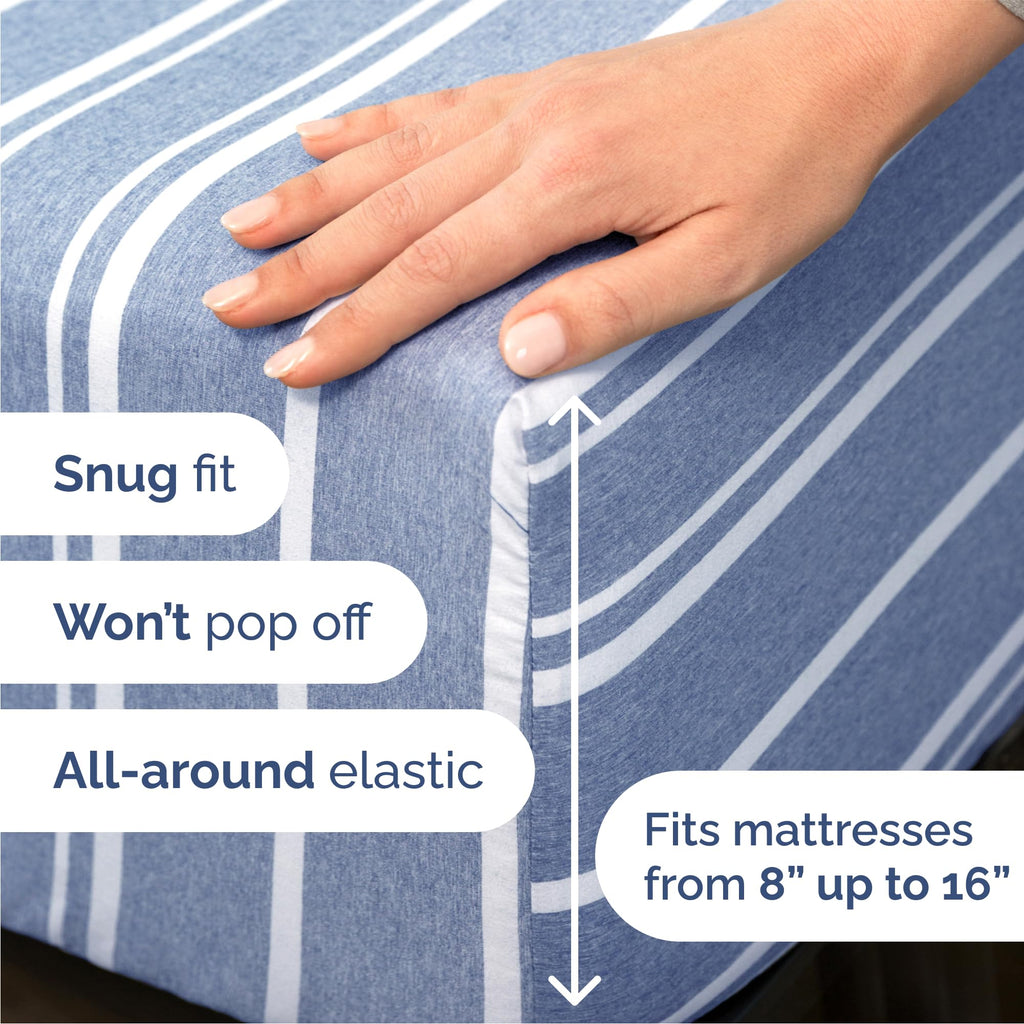 Queen Size 4 Piece Sheet Set - Breathable & Cooling Sheets - Blue Stripes