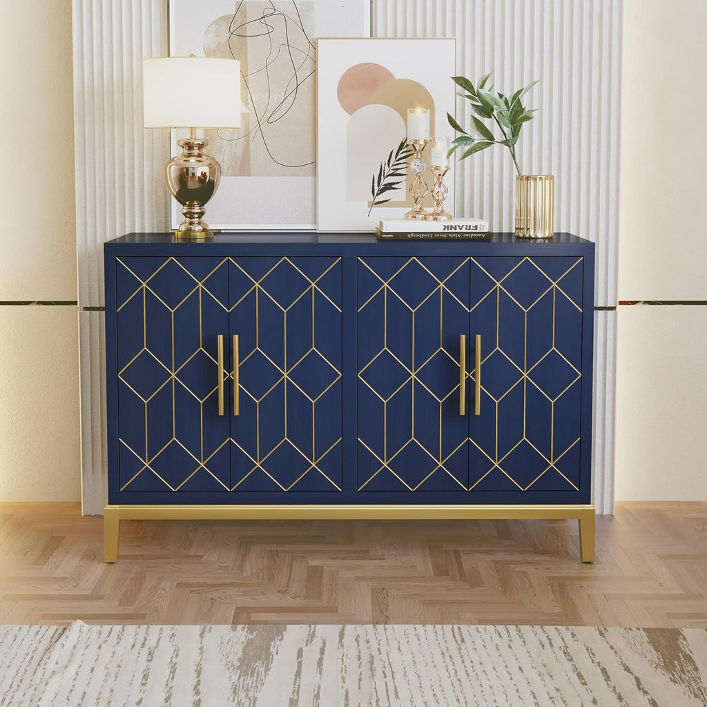 48" Accent Cabinet with 4 Doors and Shelves, Modern Credenza Storage Cabinet with Gold Trim