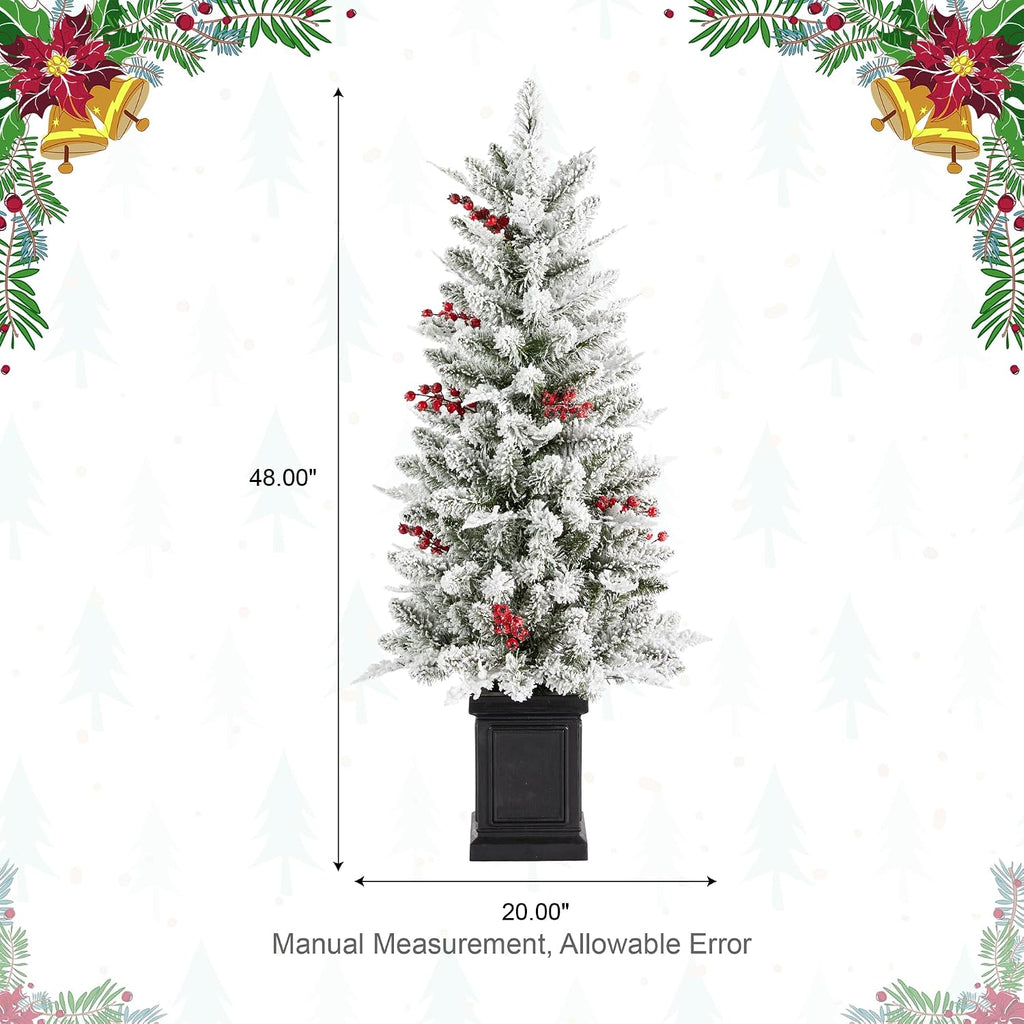 4ft Prelit Christmas Tree Set of 2, Flocked Artificial Christmas Porch Tree with Red Berries and 60 Warm
