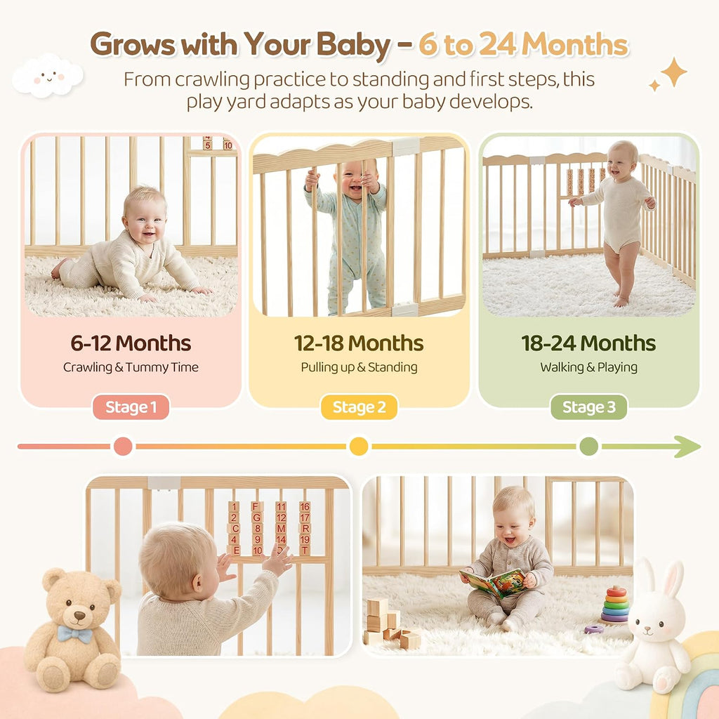 Wooden Baby Playpen, 48"x48"x24" Foldable Play Yard with Built-in Toys, 8 Panel Baby Fence Lockable Door, for Babies