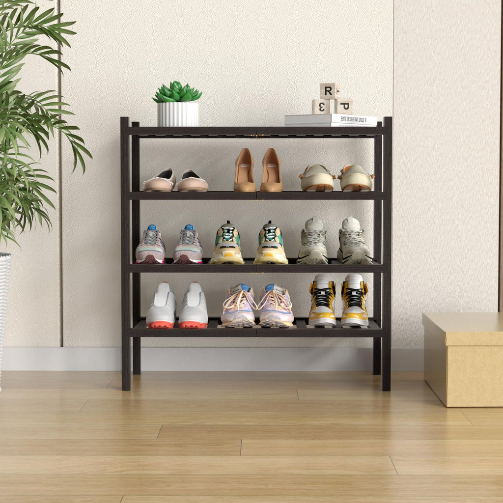 4 Tier (Thick) Bamboo Shoe Rack for Closet Free Standing Wood Shoe Shelf Small Space Stackable 27"x12"x28" (Black
