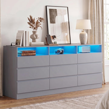 63" Grey 9-Drawer Dresser w/Power Outlet, LED Light