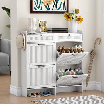 Fluted Shoe Cabinet, 4 Flip & 2 Top Drawers, White