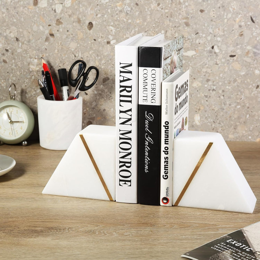 Natural Marble Bookends for Shelves, Decorative Book Ends for Heavy Books, Heavy Duty Mid Century Modern White and