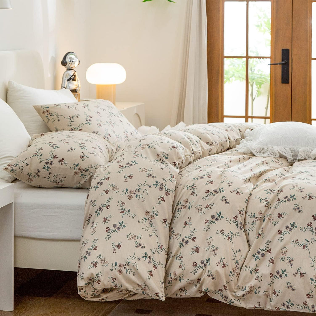 Duvet Cover Queen Floral, Brushed Microfiber 3 Pieces Bedding Set, Garden Style Vintage Floral Queen Duvet Cover
