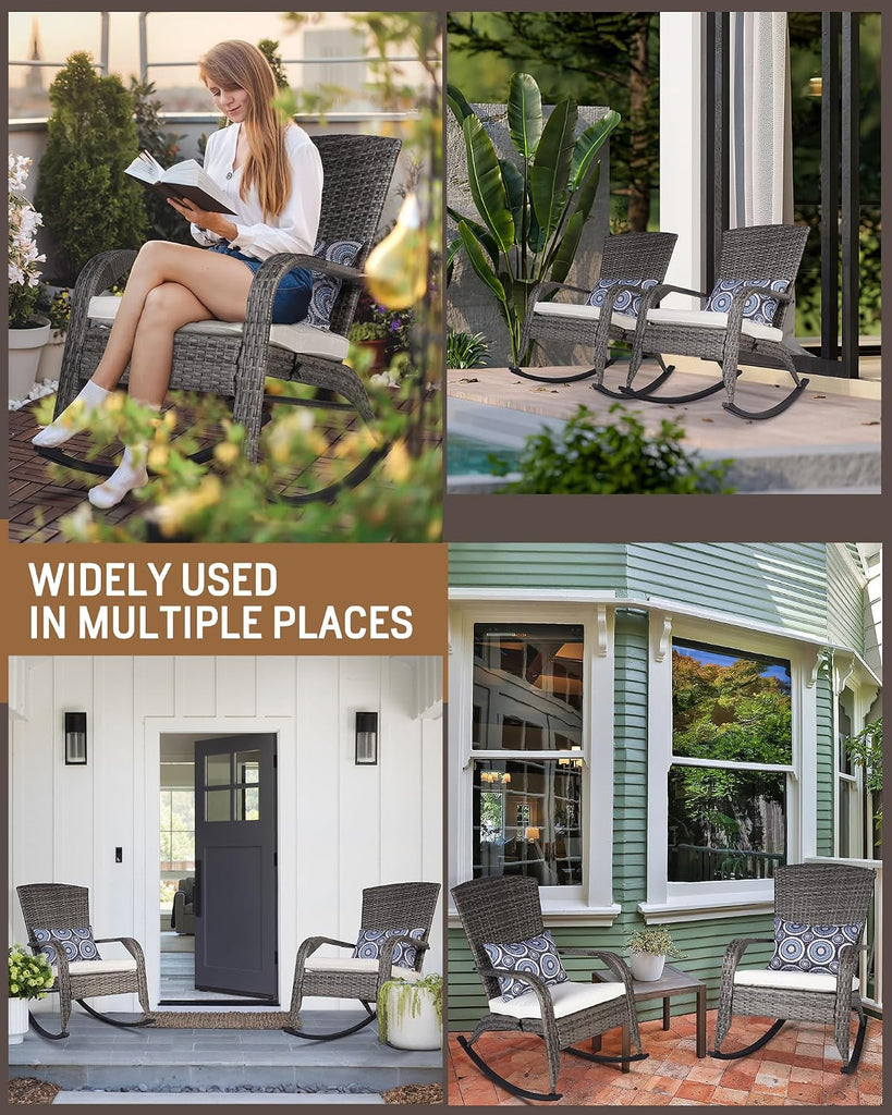 Outdoor Rocking Chair, Patio Rattan Rocker Chair with Cushions & Steel Frame, All Weather Porch Rocking Chair for