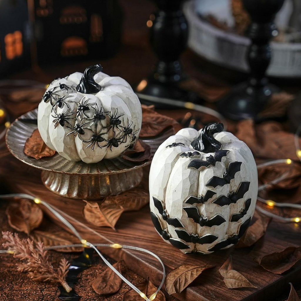Black and White Pumpkins with Bats for Halloween Indoor Decor - Set of 2