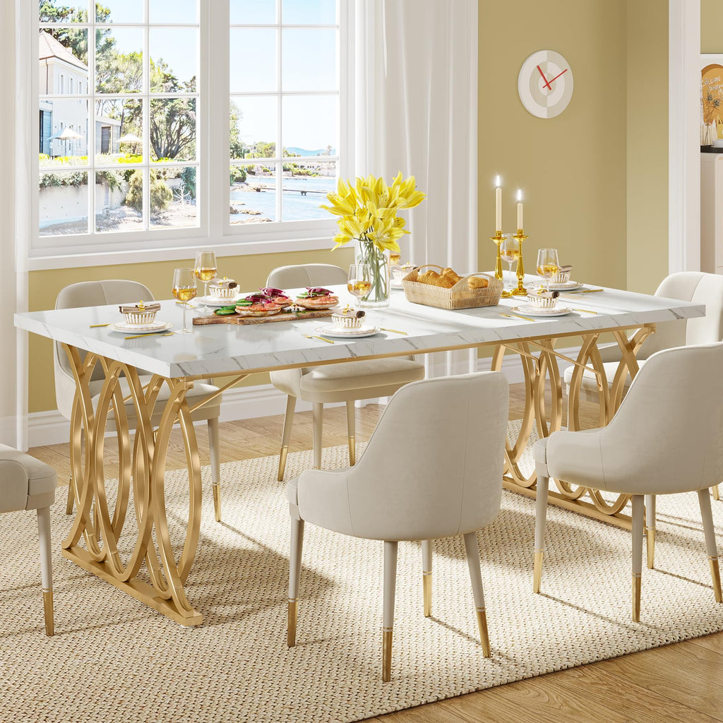 63" Dining Table for 4 to 6, White and Gold Kitchen Table