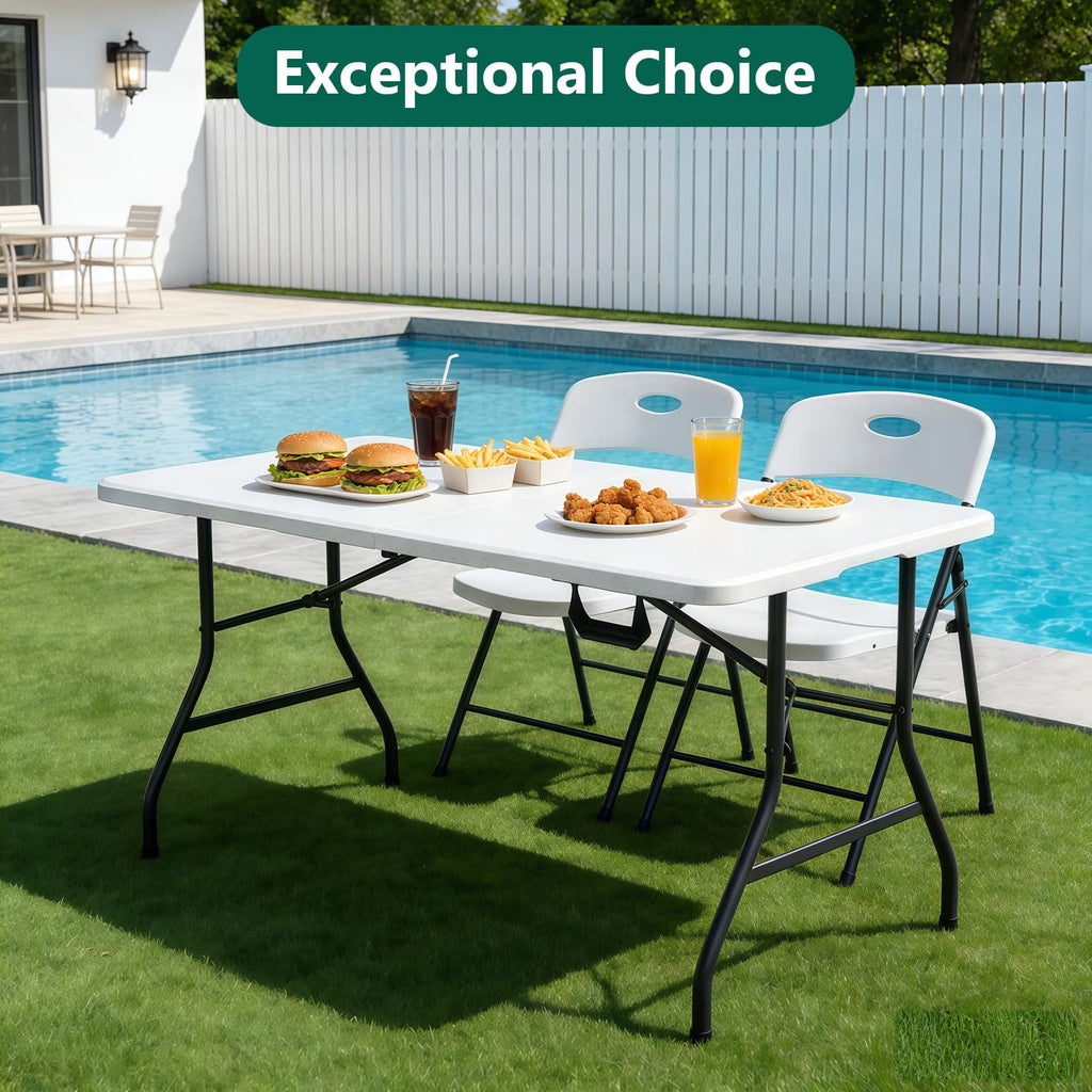 2 Pack 5ft Folding Table, Foldable Picnic Table with Carrying Handle, Heavy Duty Fold-in-Half Portable Table for