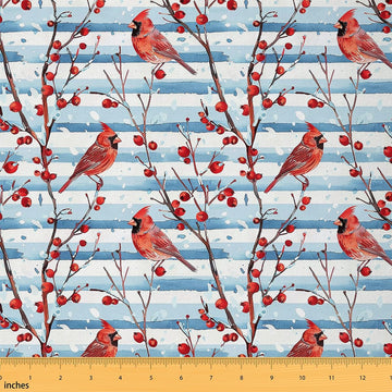 Red Cardinal Fabric by The Yard 2 Yards Christmas Upholstery Fabric for Chairs Xmas Winter Birds Soft Flannel