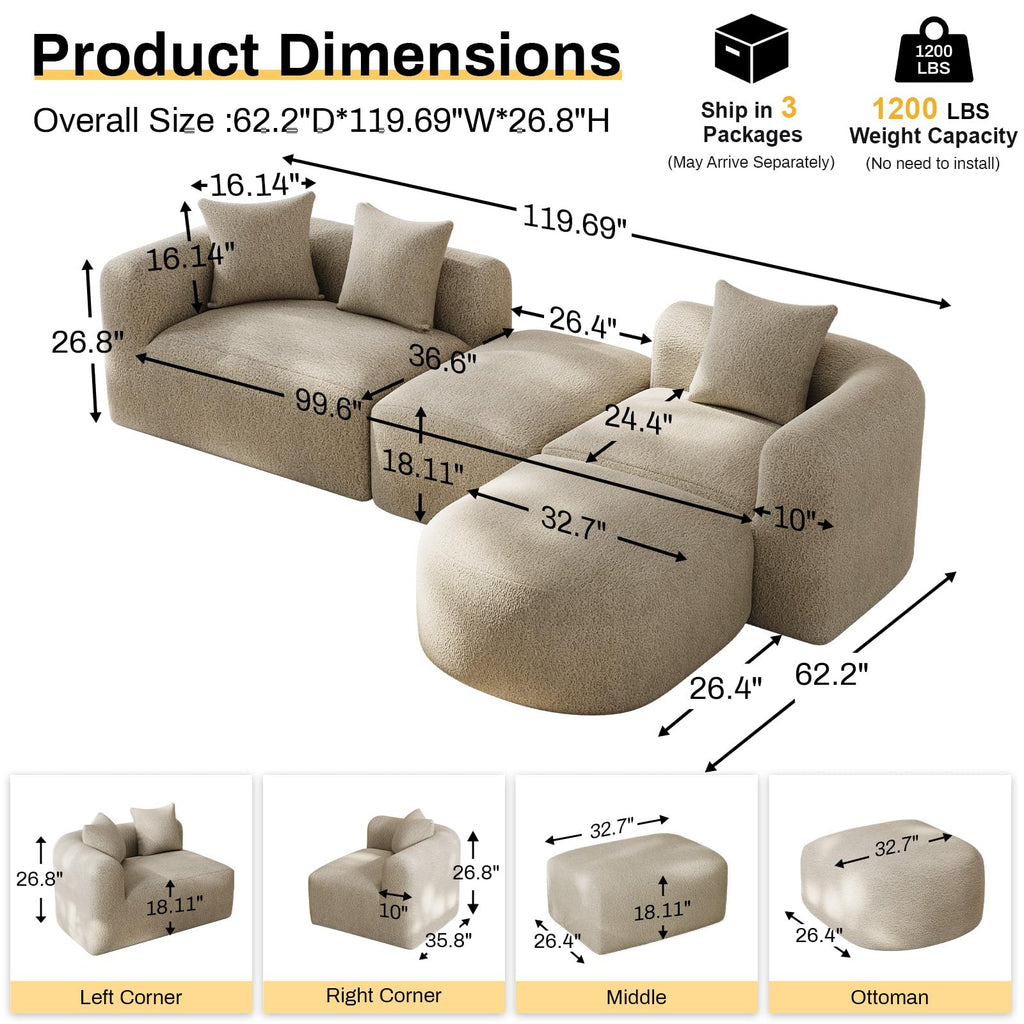 119" Curved Modular Sectional with Ottoman, Light Brown