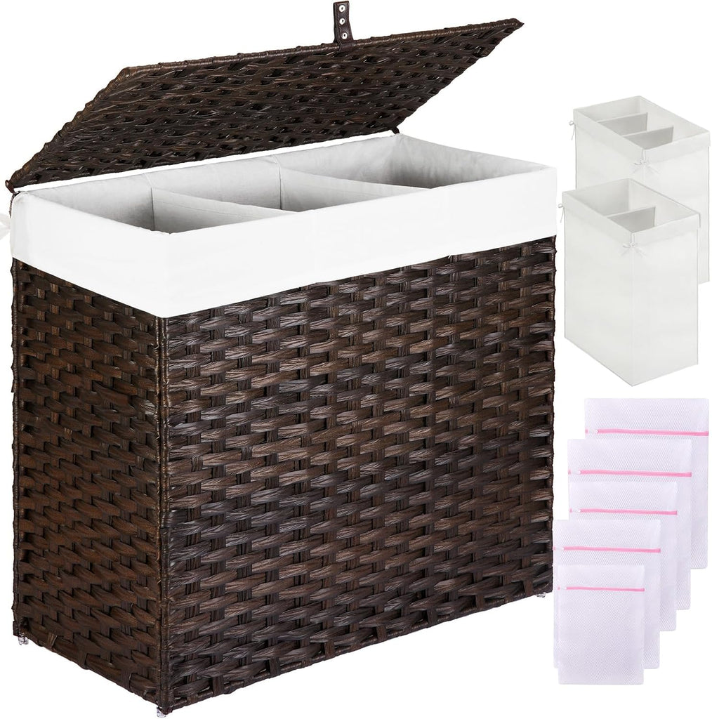 Laundry Hamper with Lid, 125L Large Clothes Hamper with 3 Section & 2 Section Removable Liner Bags & 5 Mesh Laundry
