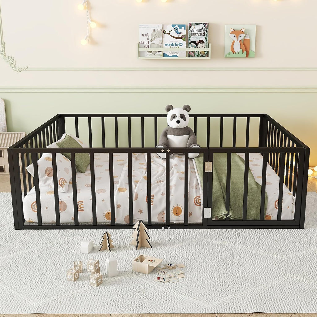 Floor Bed with Fence and Door, Heavy Duty Metal Montessori Floor Bed with Rails, Low-Profile Montessori